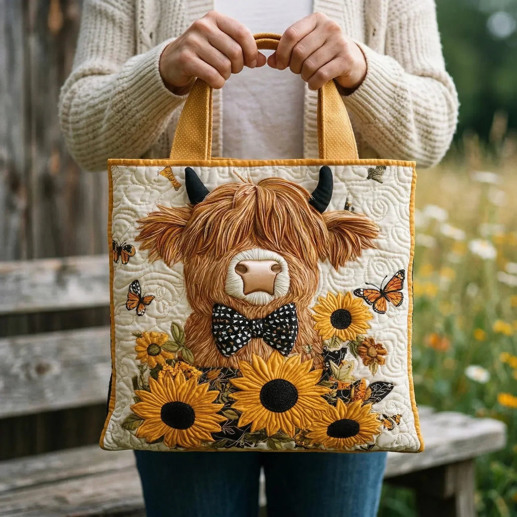 TARINA™ Highland-Lehmä ja Auringonkukat -taidelaukku